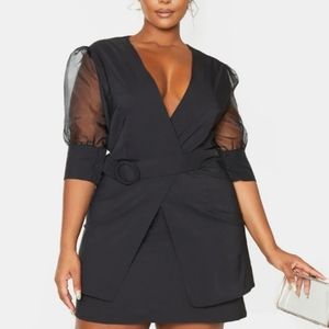 Black Organza Sleeve Belted Dress